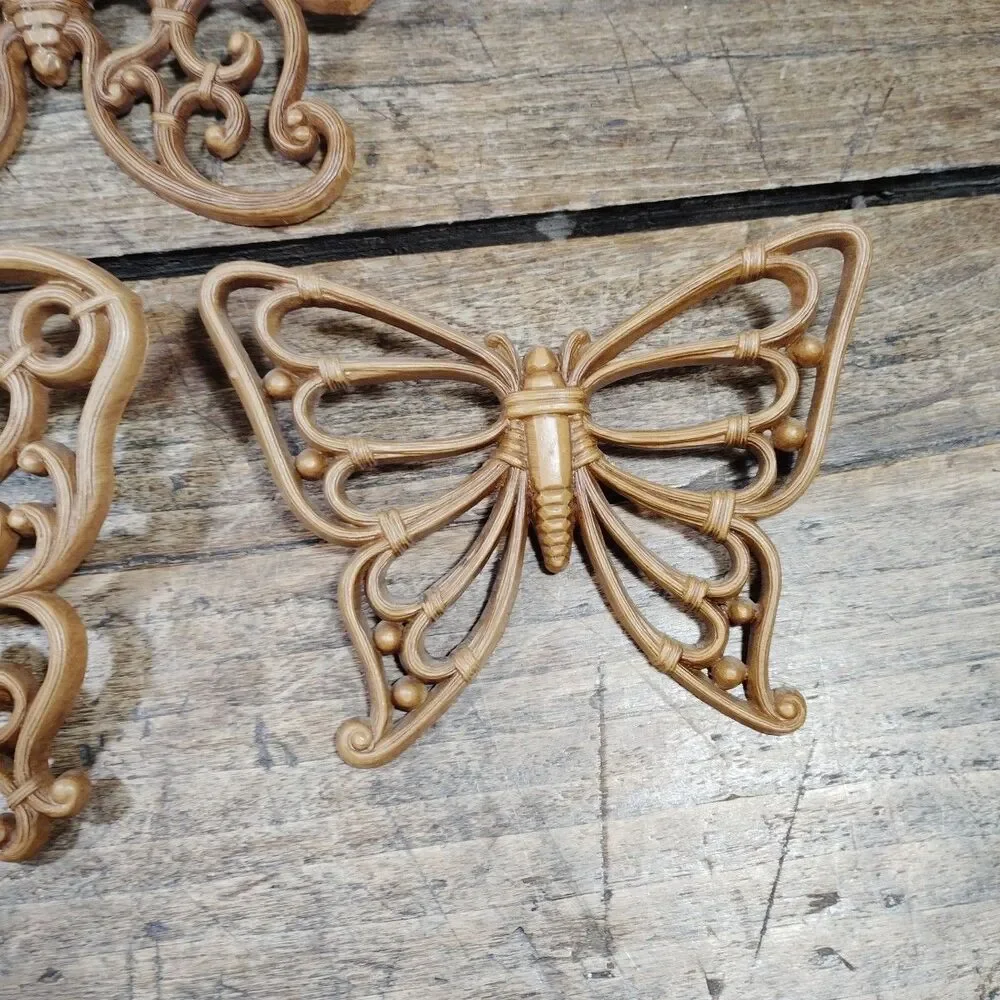 Three Homco Syroco Butterfly Faux Wood Wicker Wall Decor Set Vintage Brown